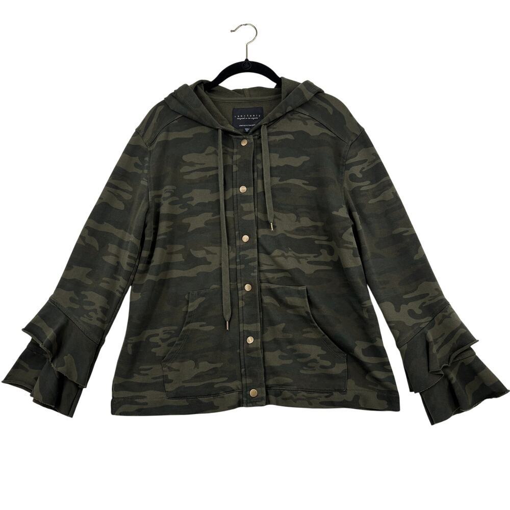 Sanctuary Hooded Jacket Size M Olive Green Camo Full Zip Ruffle Sleeve Hoodie - Picture 3 of 14